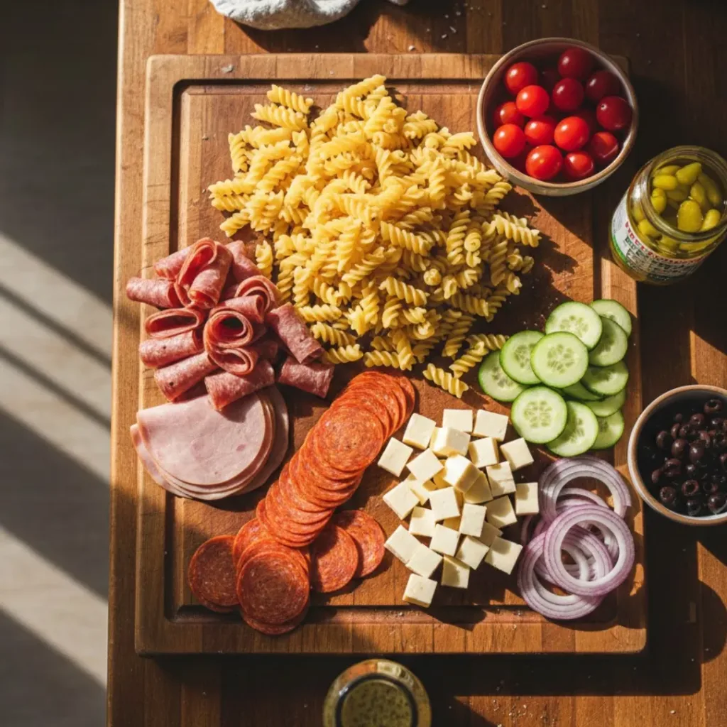 Ingredients for italian grinder pasta salad on kitchen counter - rotini pasta, salami, provolone, cherry tomatoes, peppers, Italian dressing, spread out on wooden cutting board