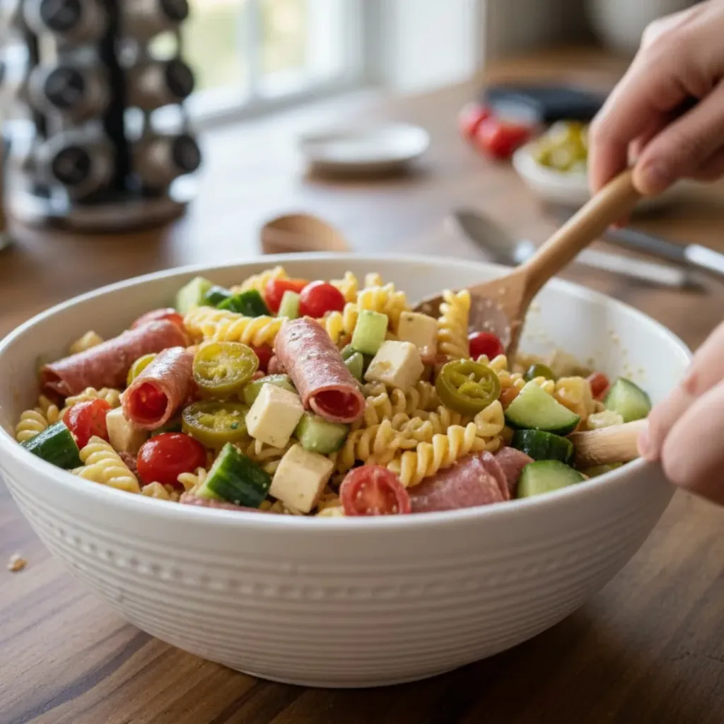 Mixing italian grinder pasta salad in large bowl with wooden spoon, showing rotini pasta being tossed with meats, cheese, and vegetables on kitchen counter