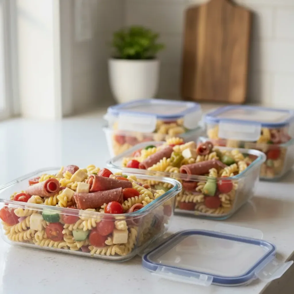 Meal prep containers filled with Italian grinder pasta salad on a kitchen counter in natural light