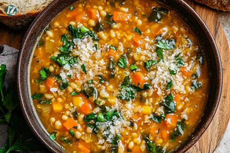 A bowl of Italian Penicillin Soup garnished with fresh herbs and vegetables.