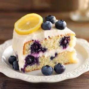 Delicious slice of lemon blueberry cake with fresh blueberries and lemon zest
