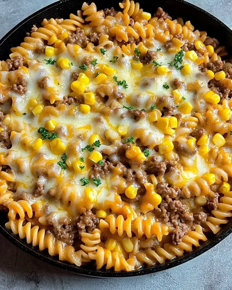 Loaded Cheddar Ranch Beef and Sweet Corn Rotini Bake in a serving dish