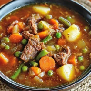A steaming bowl of my mom's old-fashioned vegetable beef soup with fresh vegetables and beef.