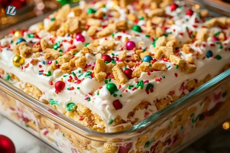 No-Bake Christmas Cookie Lasagna dessert with layers of cookies and cream