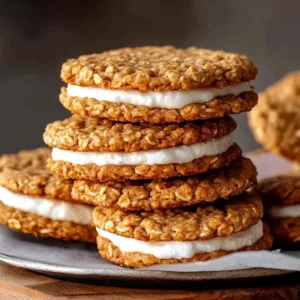 Delicious Oatmeal Cream Pie Cookies with creamy filling between soft oatmeal cookies