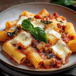 A delicious serving of Pasta alla Sorrentina topped with melted cheese and fresh basil.