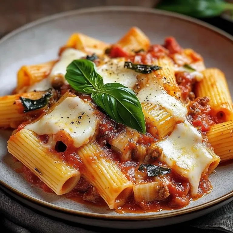 A delicious serving of Pasta alla Sorrentina topped with melted cheese and fresh basil.