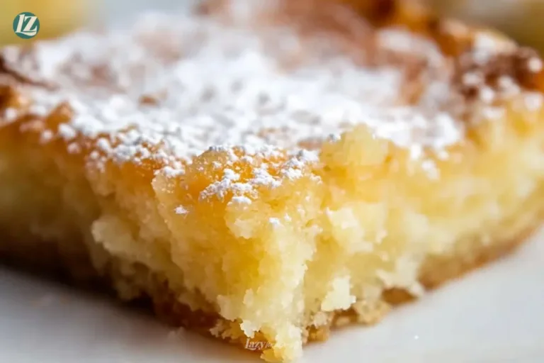 Paula Deen's Soft Sticky Butter Cake on a serving platter with a slice cut out.