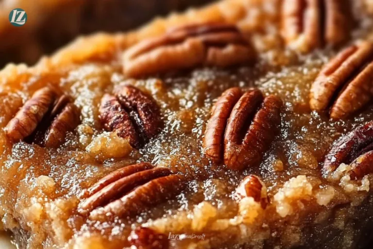 Delicious Pecan Pie Dump Cake topped with pecans and caramel