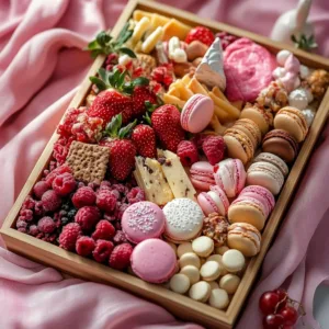 Beautiful pink charcuterie board featuring pink fruits, cheeses, and meats.