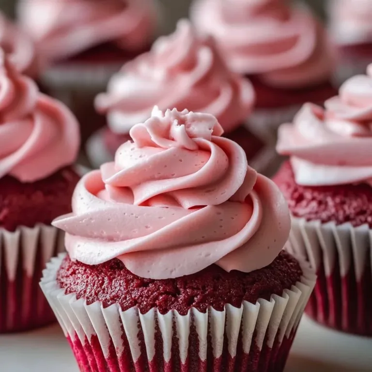 Delicious pink velvet cupcakes with cream cheese frosting on a white plate