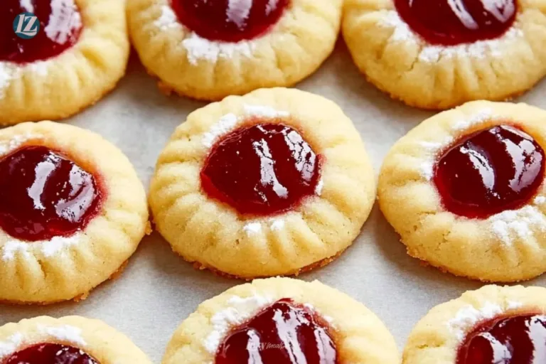Delicious Raspberry Thumbprint Cookies with raspberry jam filling on a baking tray.