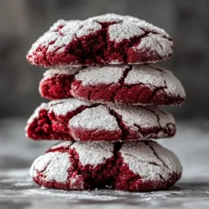 Freshly baked Red Velvet Crinkle Cookies with powdered sugar on top.