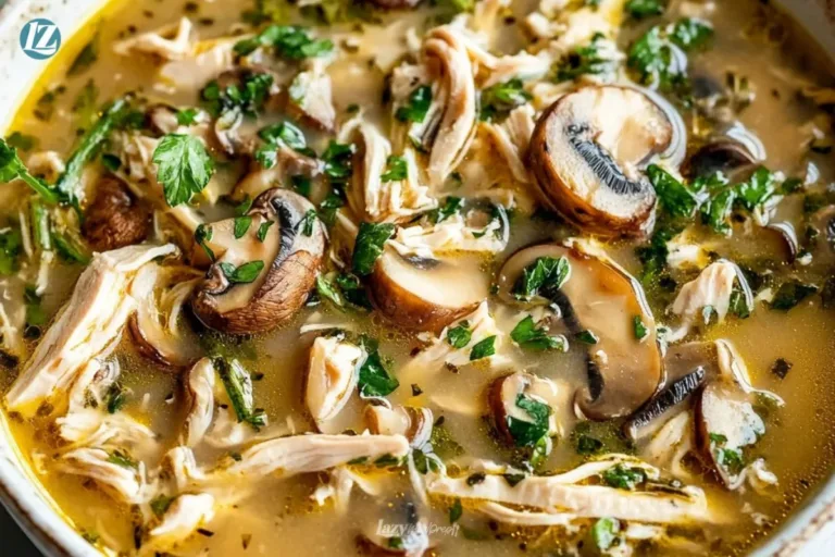 Bowl of rotisserie chicken and mushroom soup garnished with herbs