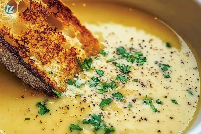 Bowl of rustic country French style garlic soup garnished with fresh herbs