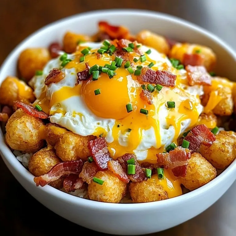 Hearty tater tot breakfast bowl topped with eggs, cheese, and vegetables
