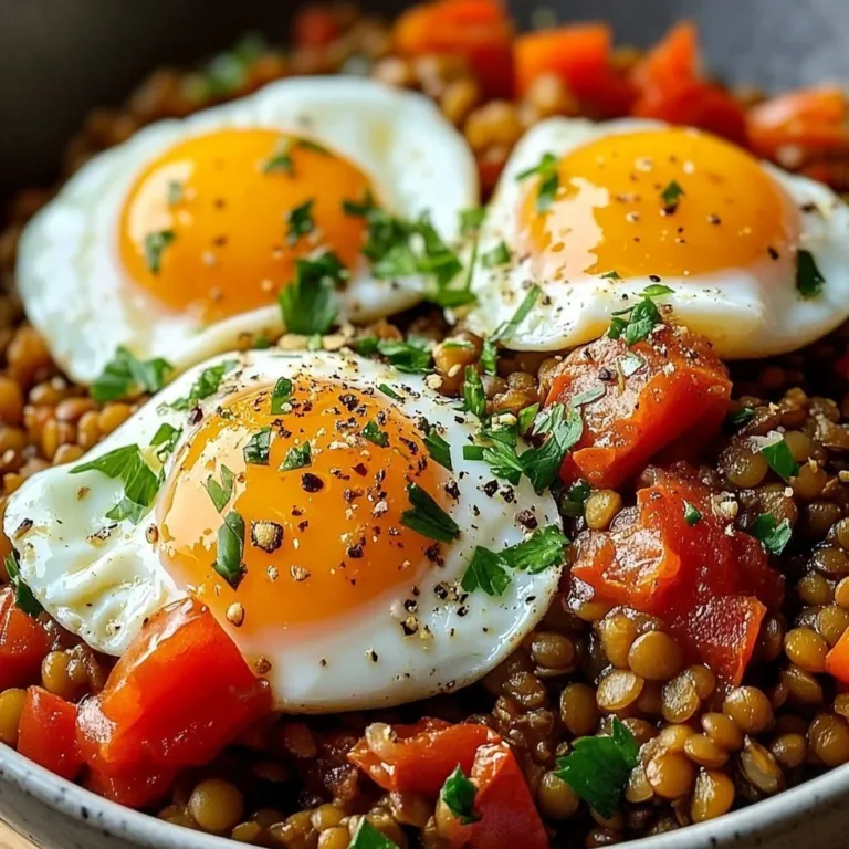 Savory lentil breakfast bowl with vegetables and spices.