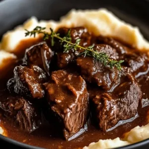 Slow Cooker Beef Manhattan dish served with gravy and mashed potatoes