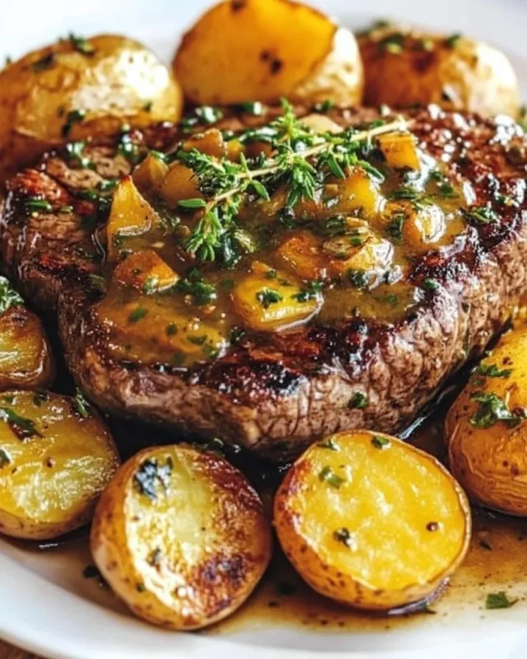 Slow Cooker Cowboy Butter Steak with Potatoes served on a rustic plate