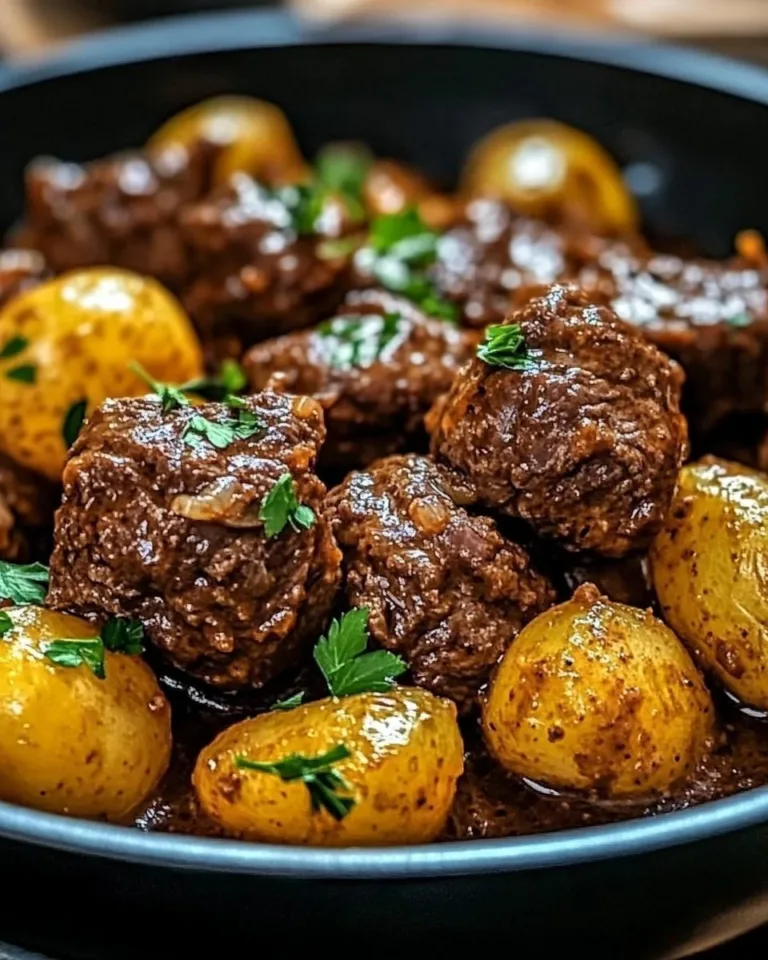 Slow cooker garlic butter beef bites with potatoes ready to serve