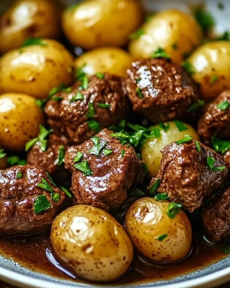 Slow Cooker Garlic Butter Beef Bites with potatoes in a delicious sauce