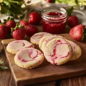 Plate of delicious strawberry cheesecake cookies topped with fresh strawberries.