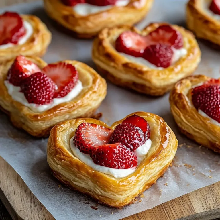 Heart-shaped Strawberry Cream Cheese Danishes on a white plate