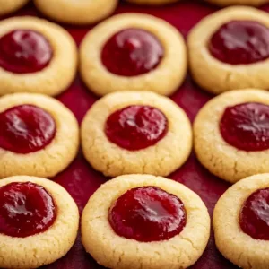 Freshly baked thumbprint cookies with fruit jam filling on a cooling rack.