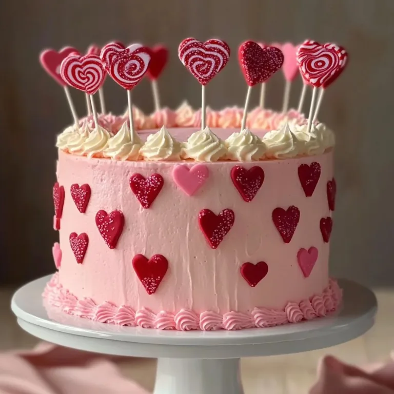 Delicious Valentine's Day Cake decorated with hearts and roses.