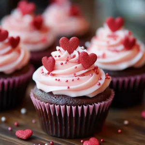 Valentine's Day cupcakes decorated with hearts and pink frosting.