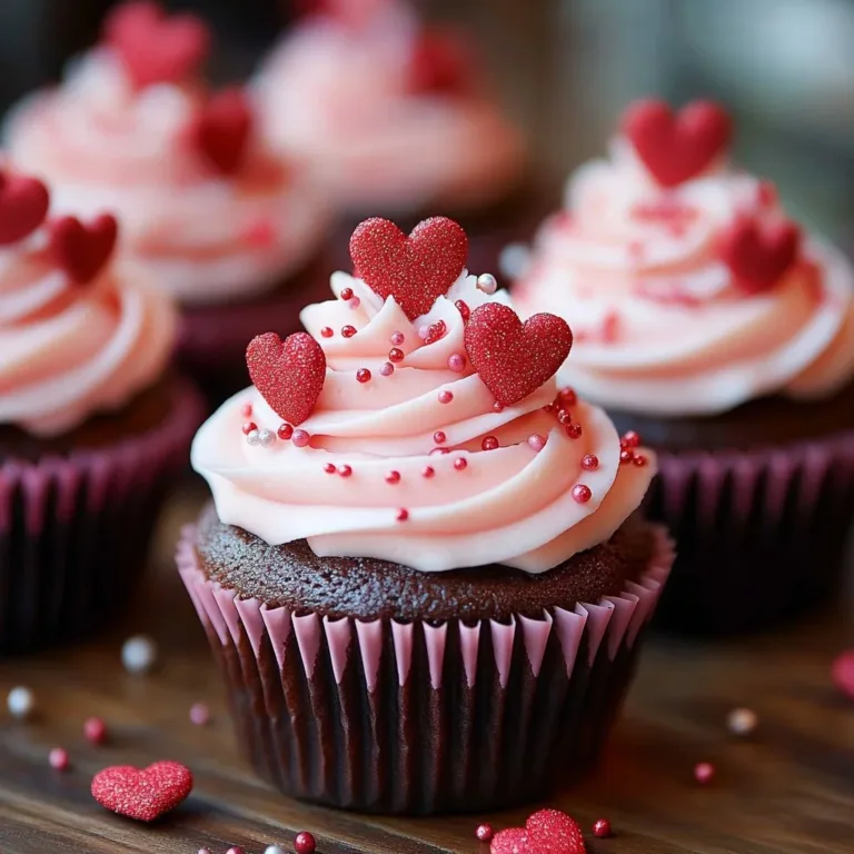Valentine's Day cupcakes decorated with hearts and pink frosting.