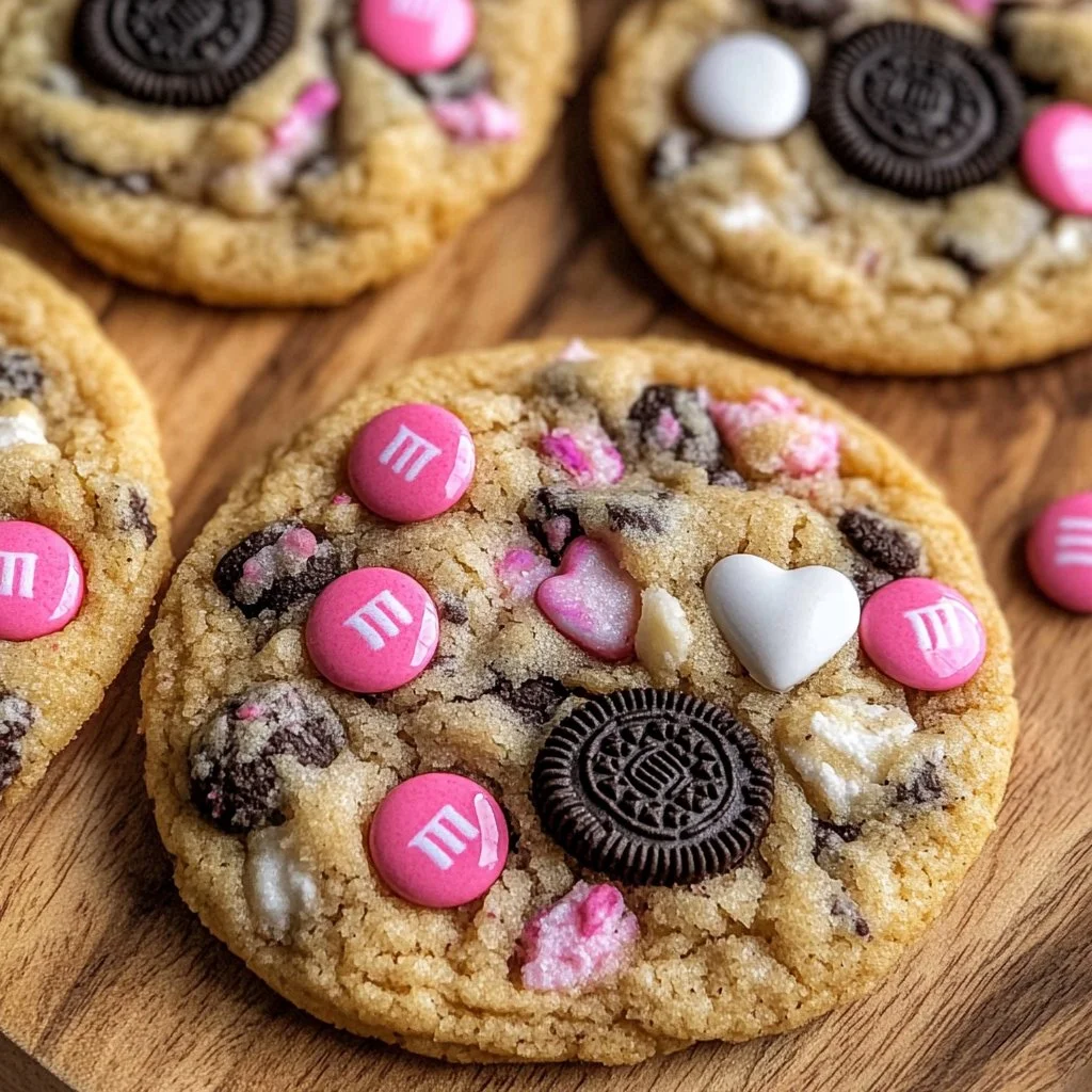Valentine's Day Oreo M&M's cookies on a decorative plate