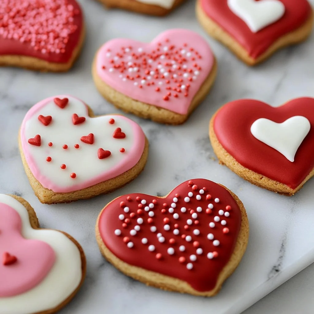 Delicious Valentine's Day red velvet cookies with heart decorations