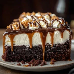 Vintage Better Than Sex Cake with layers of chocolate and cream topping