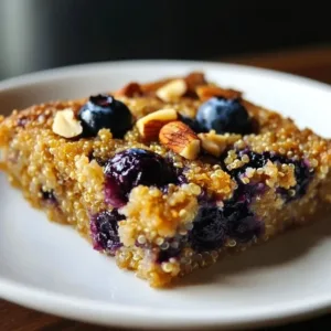 Delicious blueberry quinoa breakfast bake served in a bowl