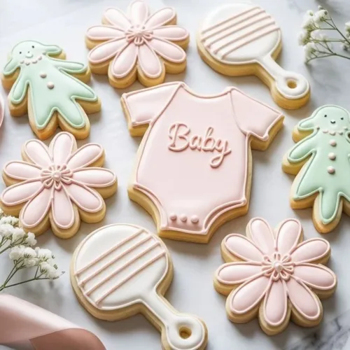 Decorative floral baby shower cookies in pastel colors for a baby in bloom theme