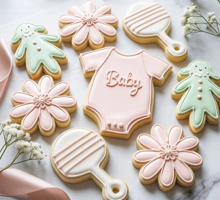 Decorative floral baby shower cookies in pastel colors for a baby in bloom theme
