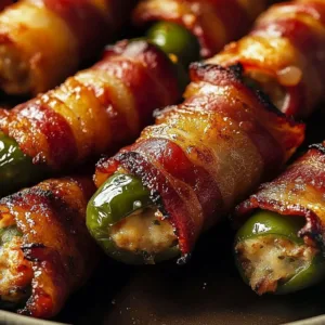 Bacon wrapped jalapeno poppers on a plate, garnished with herbs