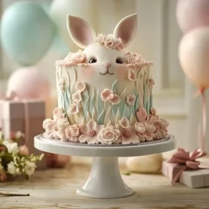 Bunny Rabbit Birthday Cake decorated with colorful frosting and playful designs