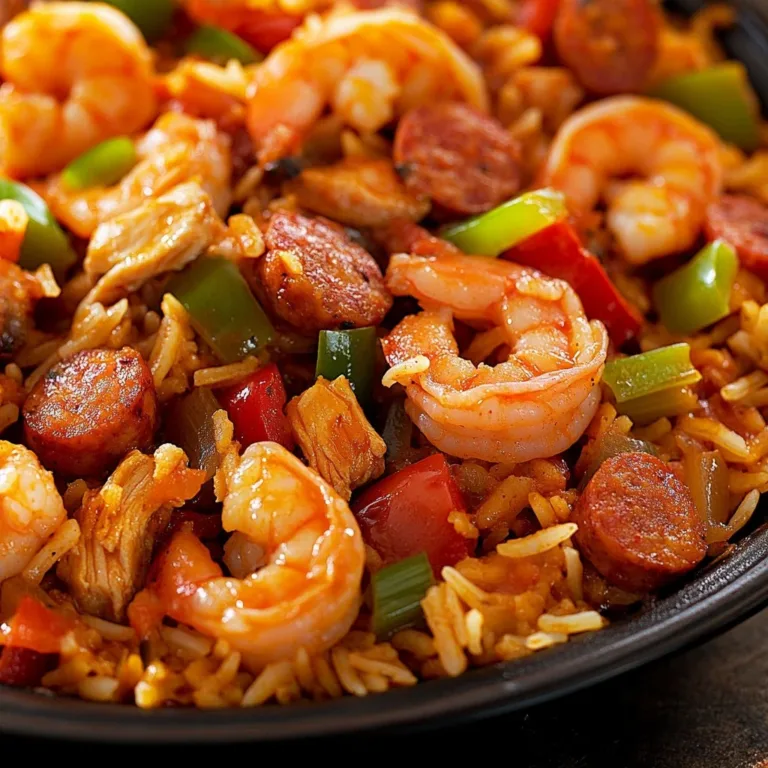 A serving of delicious Cajun Jambalaya with rice, peppers, and shrimp.