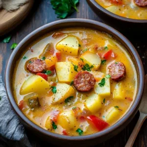 Bowl of delicious Cajun Potato Soup topped with herbs and spices