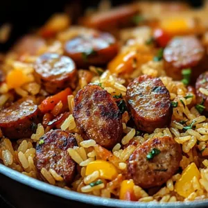 Cajun Sausage and Rice Skillet topped with herbs in a frying pan