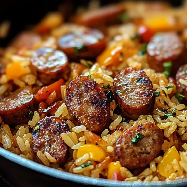 Cajun Sausage and Rice Skillet topped with herbs in a frying pan