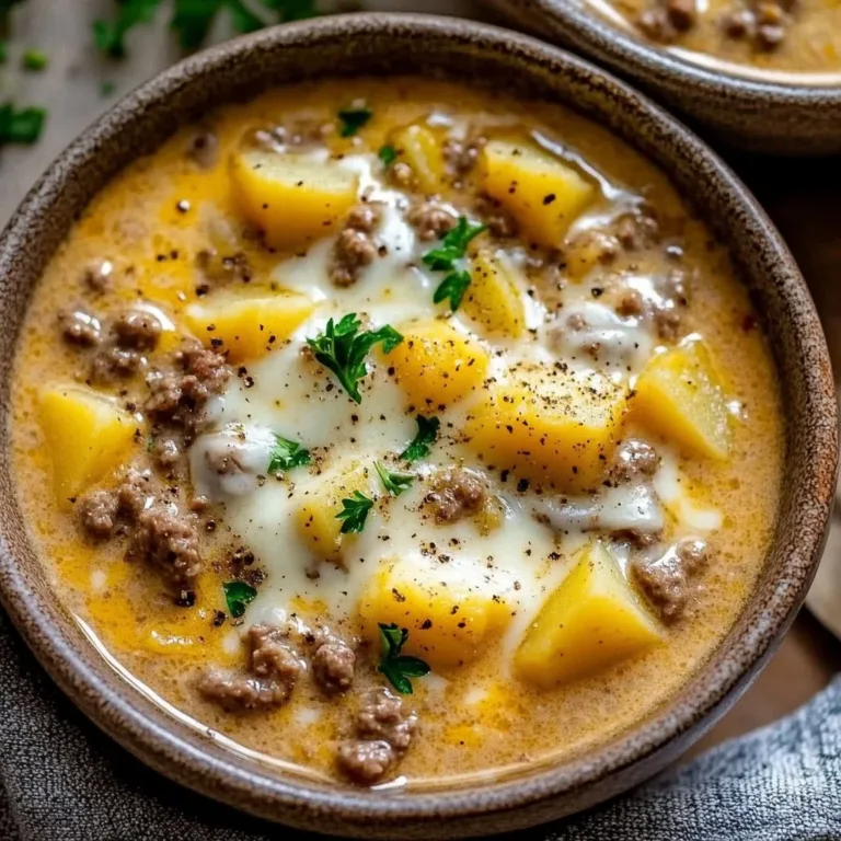 Bowl of cheesy hamburger potato soup topped with shredded cheese and herbs