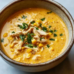Bowls of homemade chicken corn chowder with corn and chicken garnished with herbs