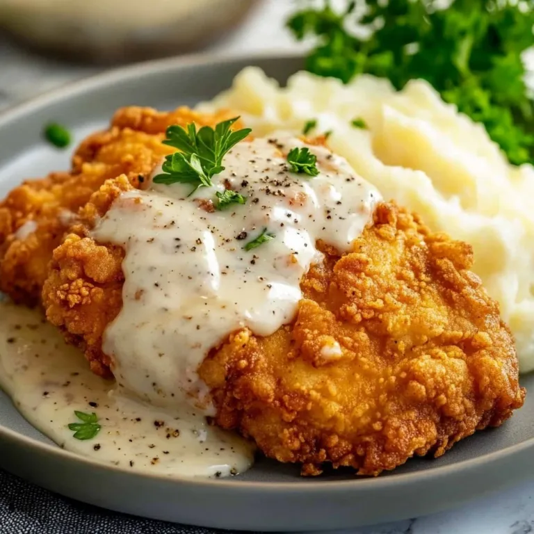 Plate of crispy Chicken Fried Chicken with golden batter and herbs