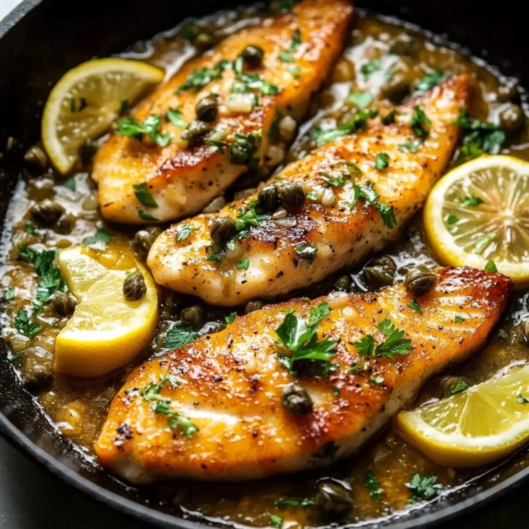 Plate of Chicken Piccata garnished with lemon and capers