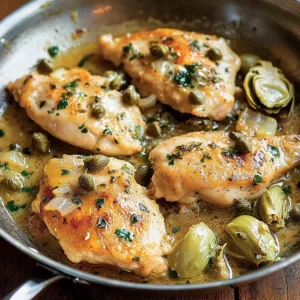 Plate of Chicken Piccata with Artichokes garnished with lemon and herbs