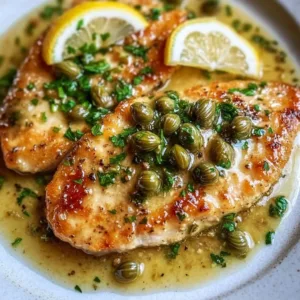 Plate of Chicken Piccata topped with capers and lemon slices