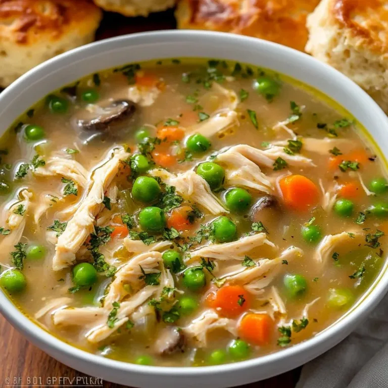 Delicious Chicken Pot Pie Soup in a bowl with fresh herbs on top
